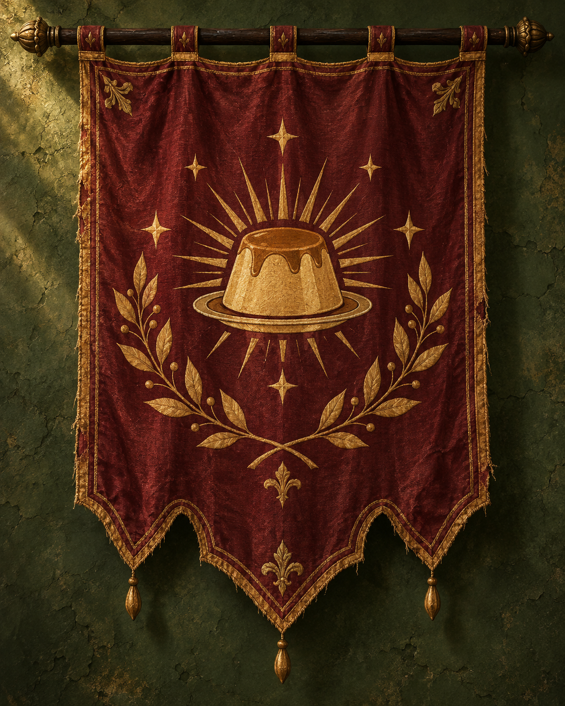 Antiguo estandarte de color bordó con un flan dorado como emblema.